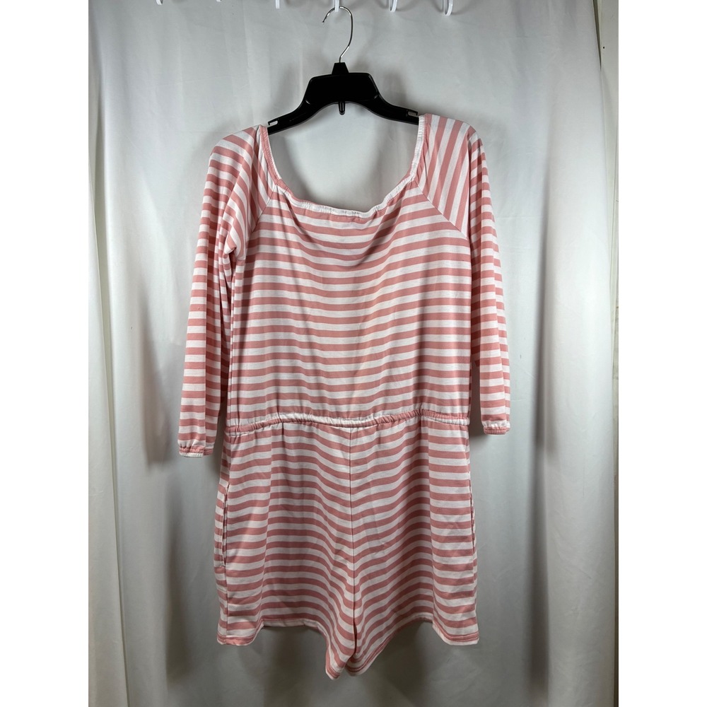 Pink Lily Womens Pink White Striped 3/4 Sleeve Drawstring Romper Size Large - Picture 3 of 4